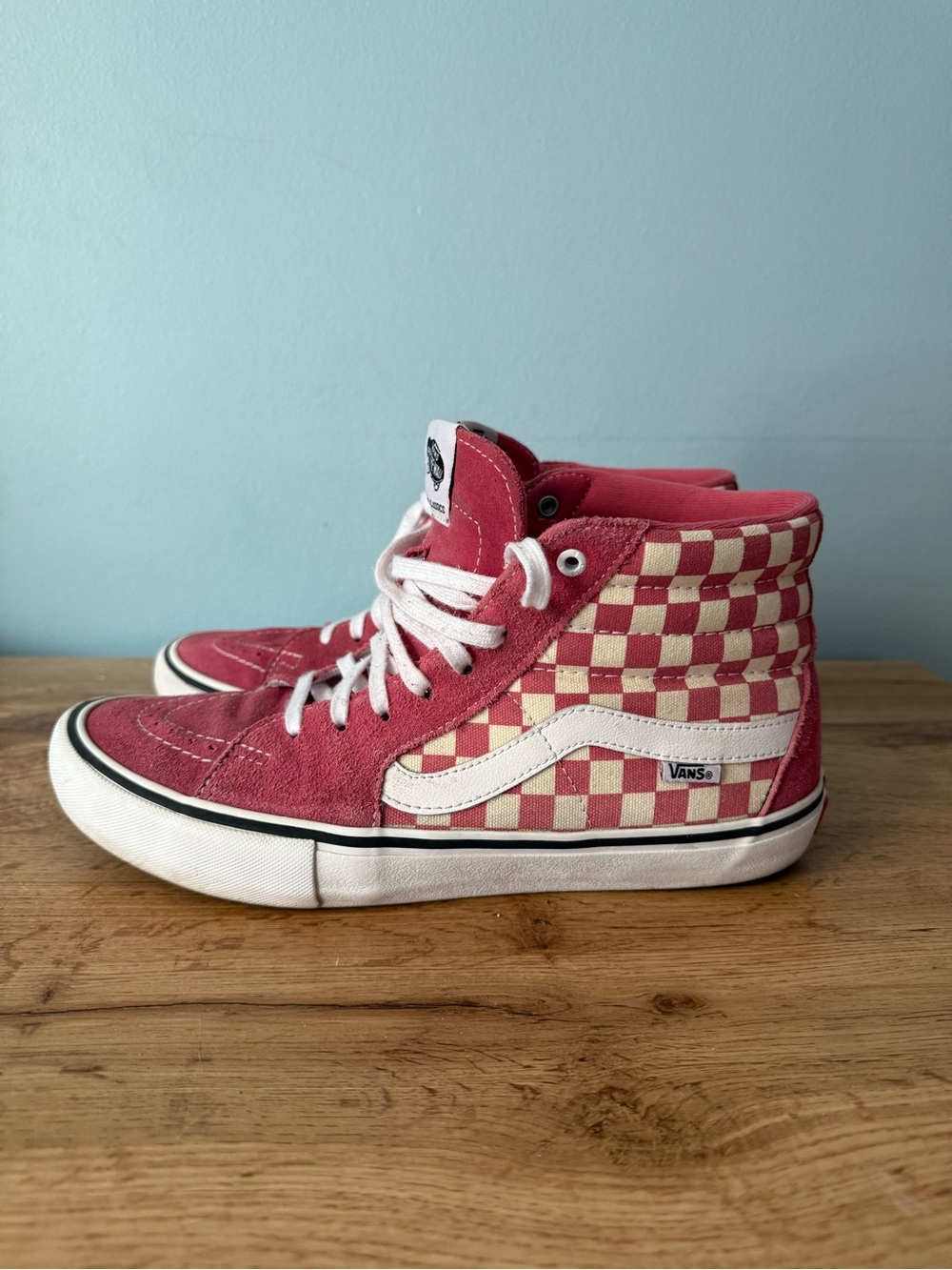 Vans High-Top Checkerboard Sneakers in Pink and Cream